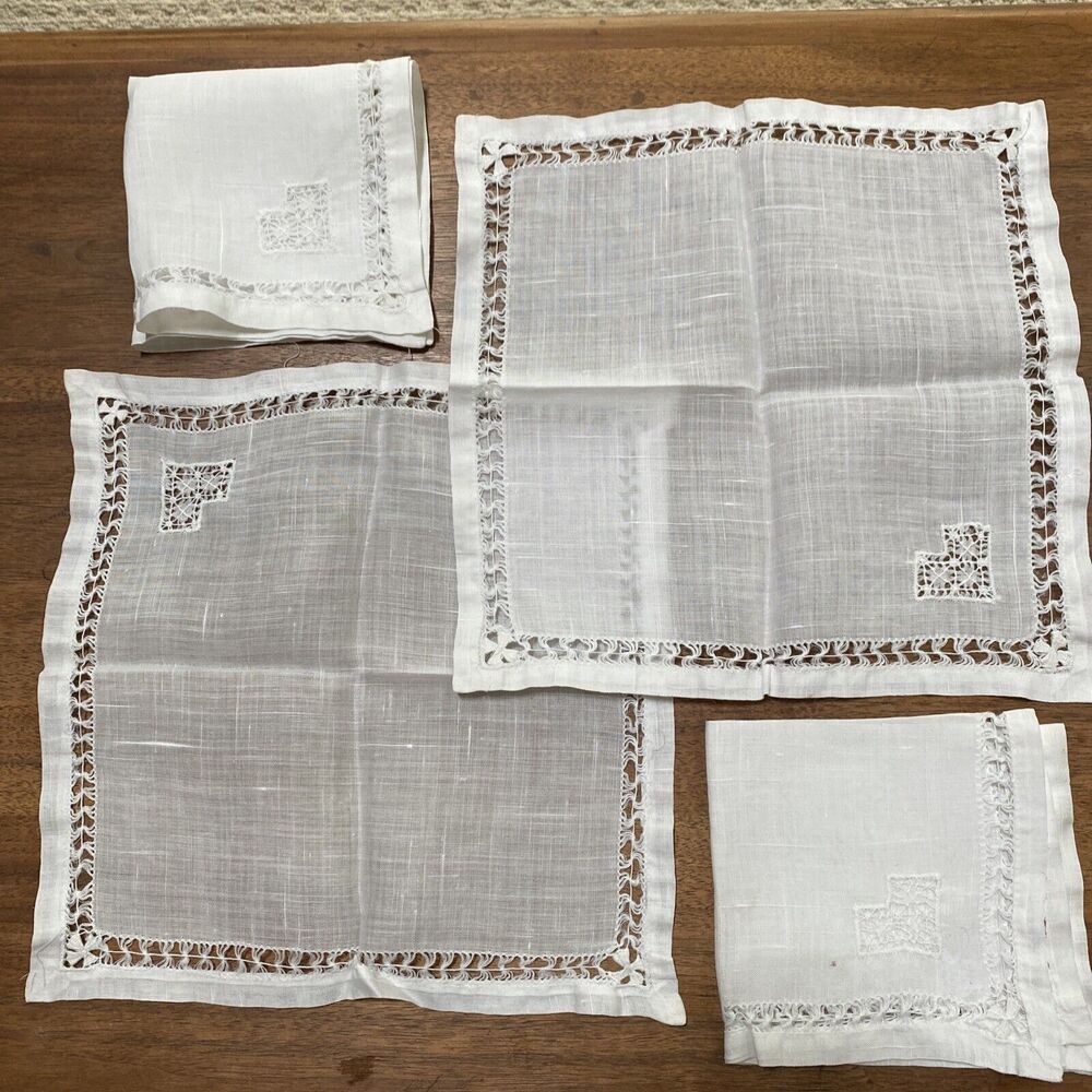 Vintage Set of 4 Sheer White Fine Linen Cocktail Napkins Cutwork Detail Handwork